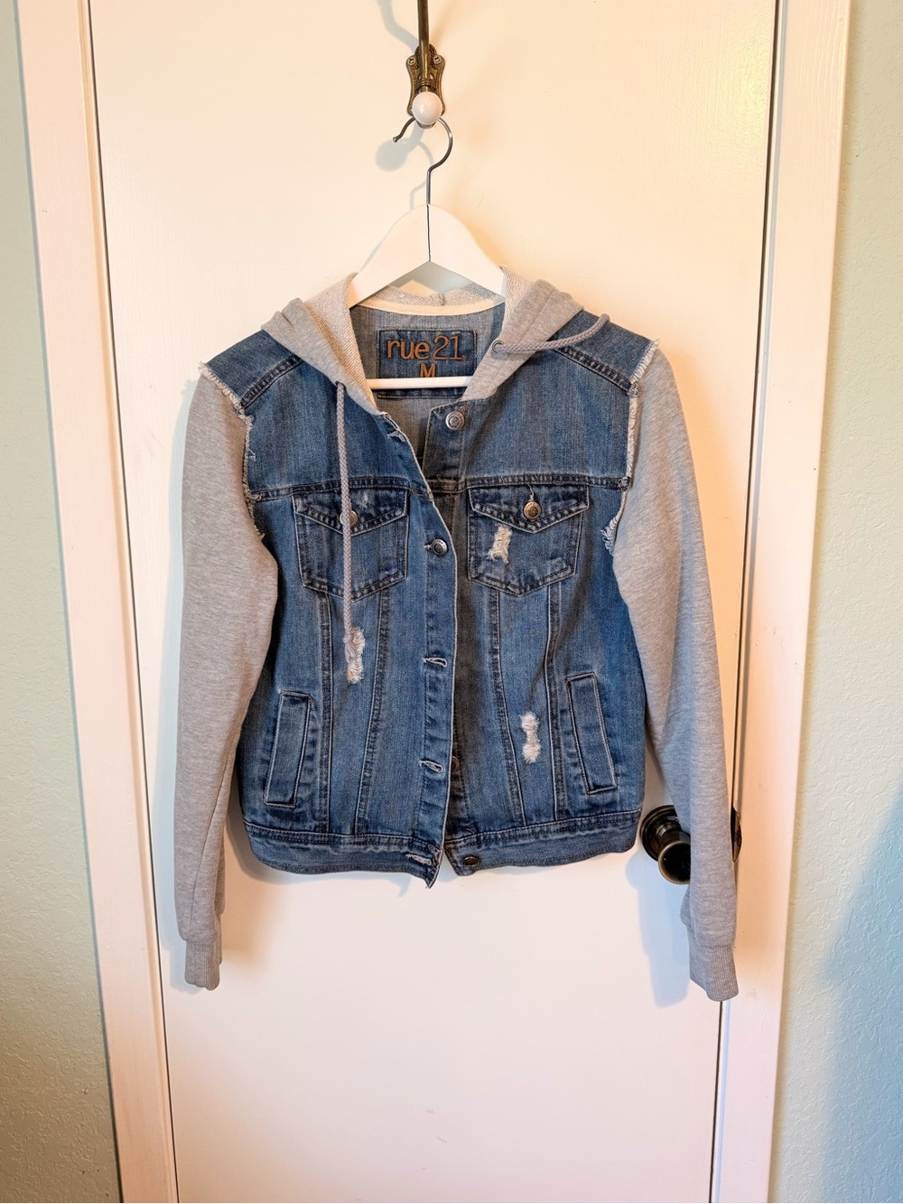rue21 Blue Denim & Gray Hooded Jacket